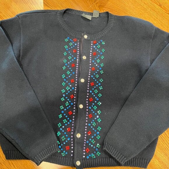 Petite 1990's Indigo Blue Rhinestone Cardigan by LizWear - Picture 1 of 3